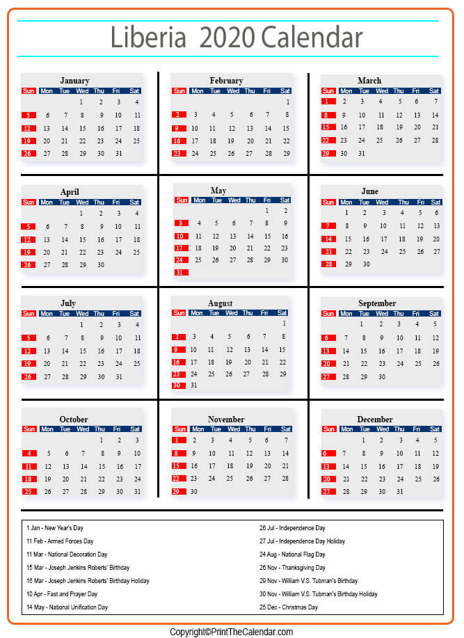 Liberia Calendar 2020
